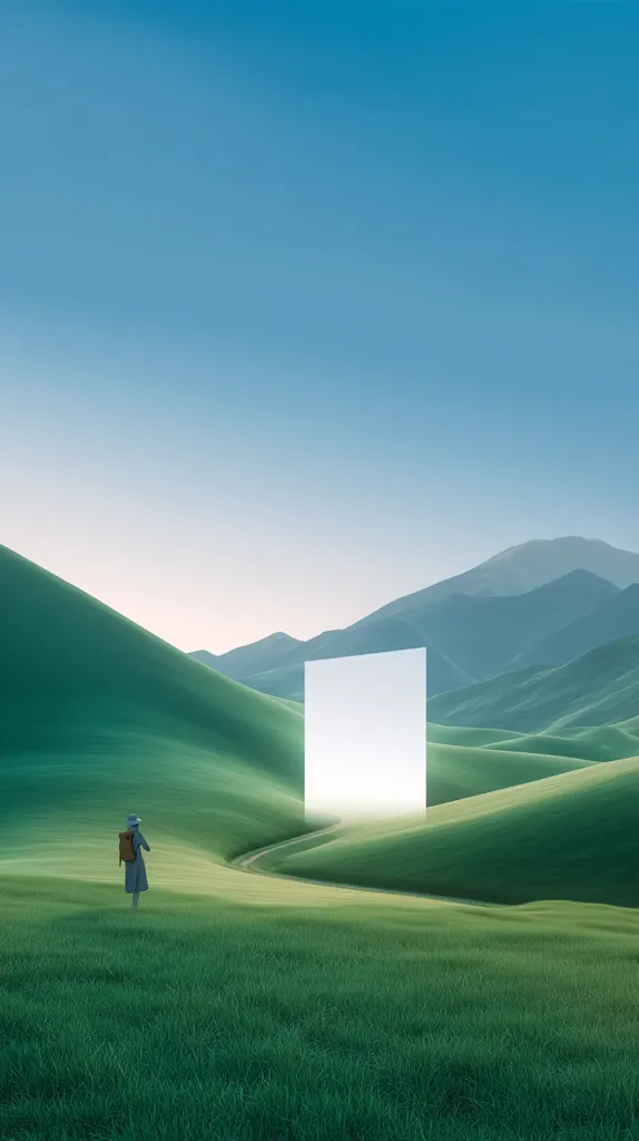 A lone figure with a backpack walks towards a bright, rectangular portal nestled within rolling green hills under a clear blue sky.  The scene is surreal and peaceful, suggesting a journey into the unknown or a transition to a different realm.  The vastness of the landscape emphasizes the smallness of the individual and the magnitude of the potential journey.
