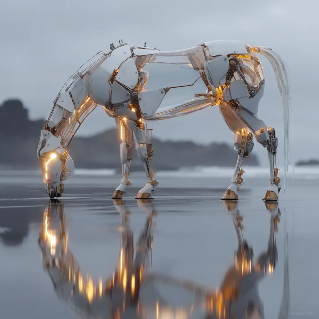 A stunning digital rendering depicts a robotic horse, its intricate mechanical structure gleaming with internal lights.  The horse, predominantly white and gold, appears to drink from a calm, reflective body of water on a beach.  Its translucent body reveals the complex mechanisms within, creating a captivating blend of technology and nature. The scene is serene and evocative, suggesting a futuristic yet peaceful setting.