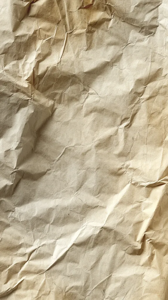 The image shows a crumpled piece of brown paper.  The paper is heavily creased and wrinkled, showing significant texture.  The color is a light, muted brown with some darker shading in the creases, suggesting age or staining. The overall appearance is aged and rustic.