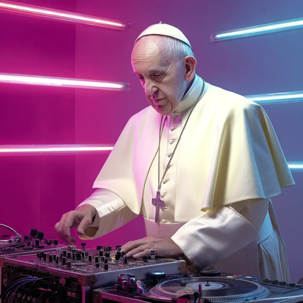 Pope Francis is depicted in a vibrant, neon-lit setting, leaning over a DJ mixer.  He's dressed in his traditional papal garb, creating a striking juxtaposition between his religious authority and the modern, club-like atmosphere. The image is a surreal and unexpected portrayal of the pontiff, suggesting a playful exploration of contrasts.