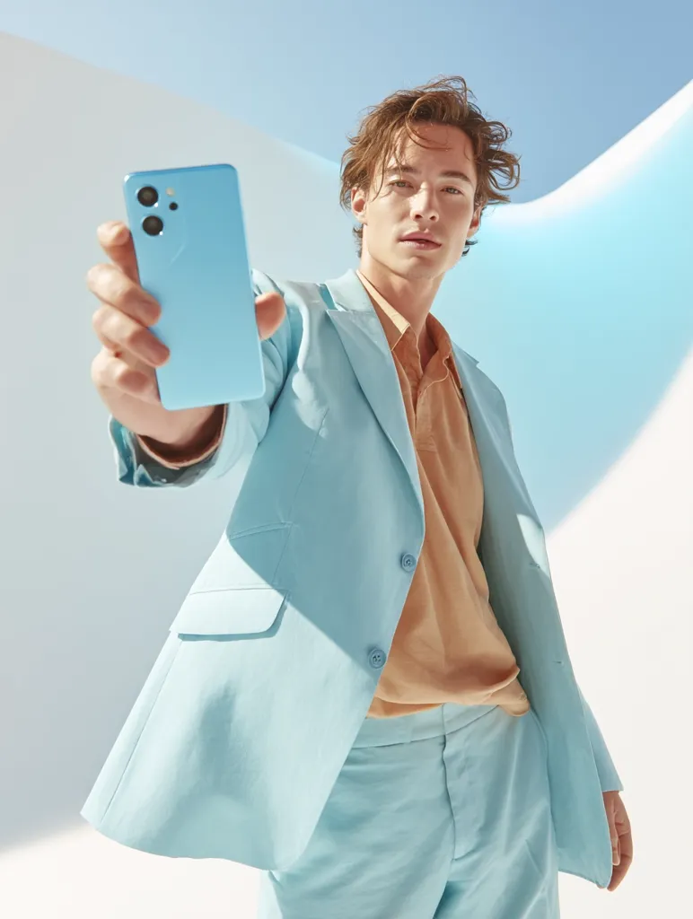 A young man with wavy brown hair, dressed in a light blue suit and matching pants, holds up a light blue smartphone. The phone's camera is prominently displayed.  He is posing against a bright, minimalist backdrop suggesting a sunny outdoor setting. The overall aesthetic is clean, modern, and stylish.