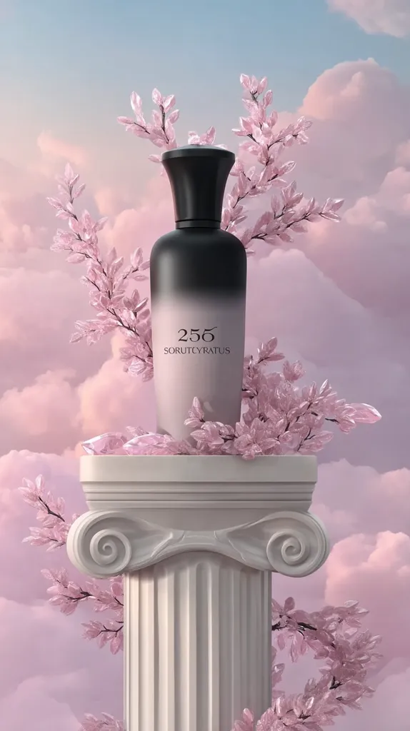 A sophisticated perfume bottle, labeled "255 SORUTCYRATUS," sits atop a classical white column.  Delicate pink blossoms frame the bottle against a dreamy, pastel sky backdrop.  The overall aesthetic is elegant and ethereal, suggesting a luxurious and feminine fragrance. The image is a visually appealing product advertisement.