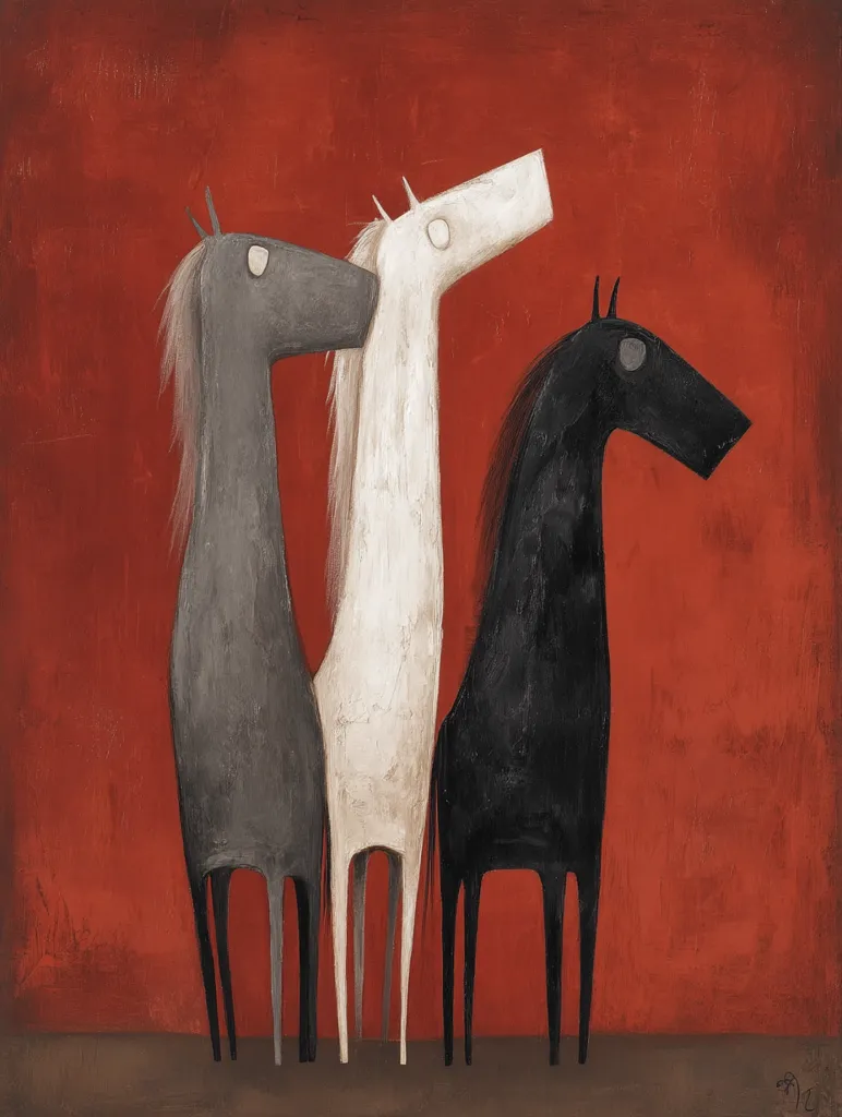 A stylized painting depicts three horses standing side-by-side against a deep red background.  The horses are simplified in form, with elongated necks and legs.  One is gray, one is white, and one is black, their bodies rendered in blocks of solid color. The painting has a minimalist, almost folk-art aesthetic.  The overall mood is calm and serene.