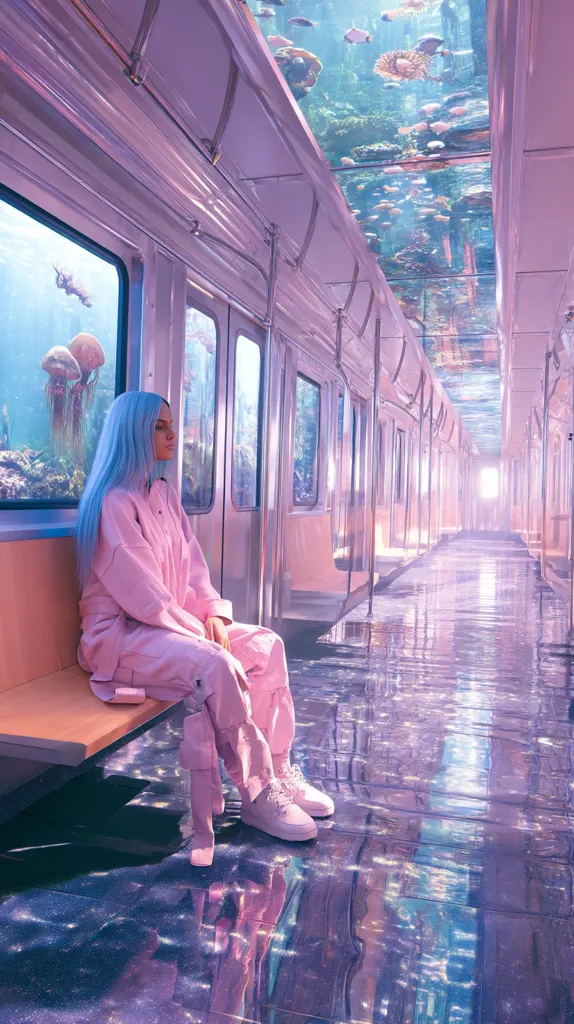 A young woman with vibrant blue hair sits on a bench inside a surreal, pastel-pink subway car.  The ceiling is a large aquarium teeming with colorful fish and jellyfish. The floor reflects the dreamy, underwater scene, creating a magical, otherworldly atmosphere.  The overall aesthetic is whimsical and fantastical.