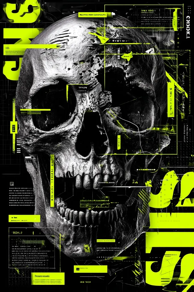 A striking graphic design features a detailed skull rendered in grayscale, overlaid with vibrant neon green geometric shapes and text.  The skull appears weathered and fragmented, creating a juxtaposition between organic decay and technological overlay.  Abstract data streams and coded text surround the skull, contributing to a cyberpunk or dystopian aesthetic. The overall effect is a bold and visually arresting image.