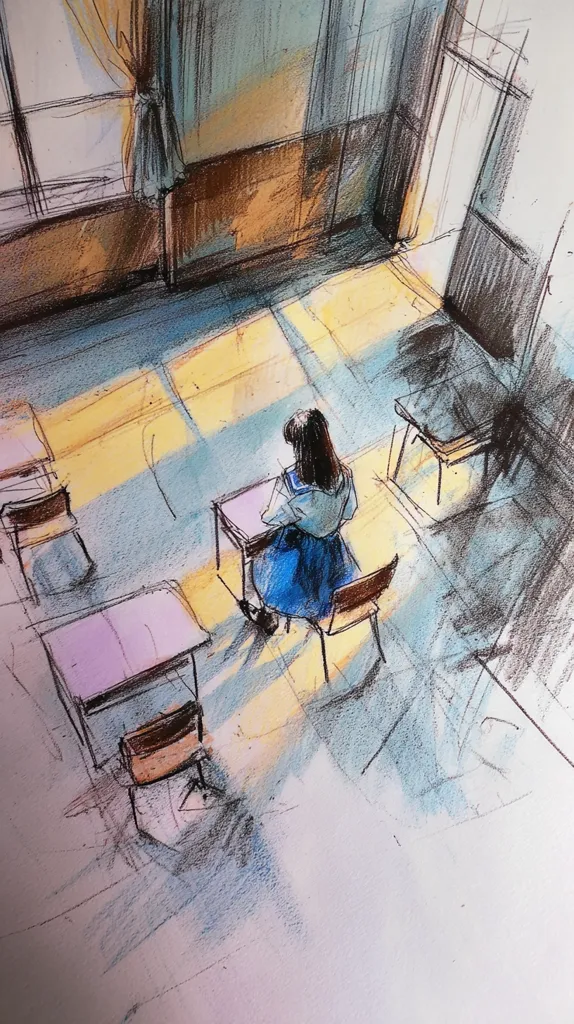 A high-angle sketch depicts an empty classroom bathed in sunlight streaming through a window.  A lone girl in a blue uniform sits at a desk, her back to the viewer.  The room is sparsely furnished with simple desks and chairs, their shadows cast across the floor. The overall style is loose and expressive, reminiscent of a quick, impressionistic drawing.  The light and shadow create a contemplative atmosphere.