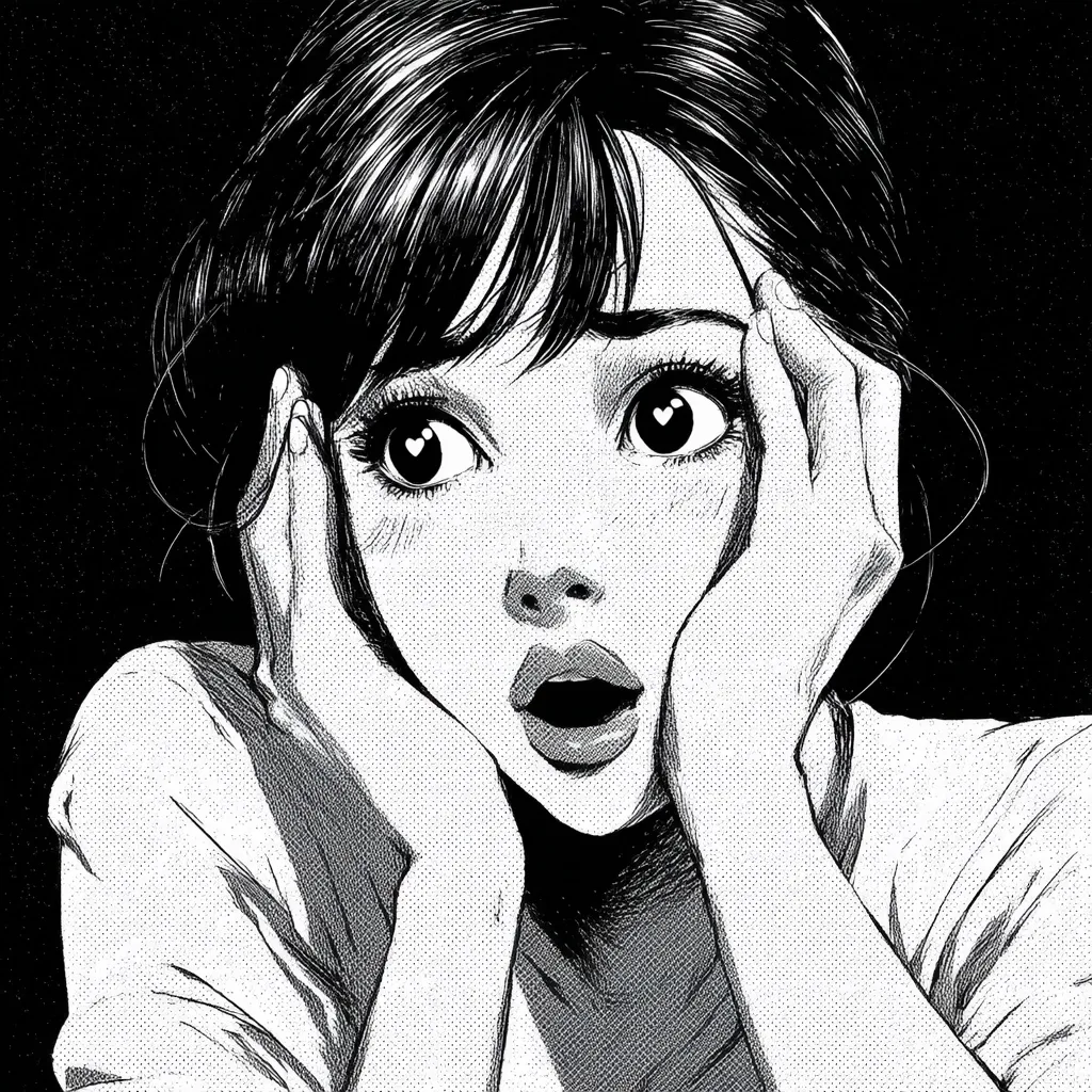 A black and white illustration depicts a young woman with large, expressive eyes, her hands cupped to her face in a gesture of shock or surprise. Her mouth is open, and her expression conveys a mixture of awe and disbelief. The style is reminiscent of manga, with bold lines and distinct shading, creating a dramatic effect against the dark background. The woman's hair is styled in a simple, elegant manner.