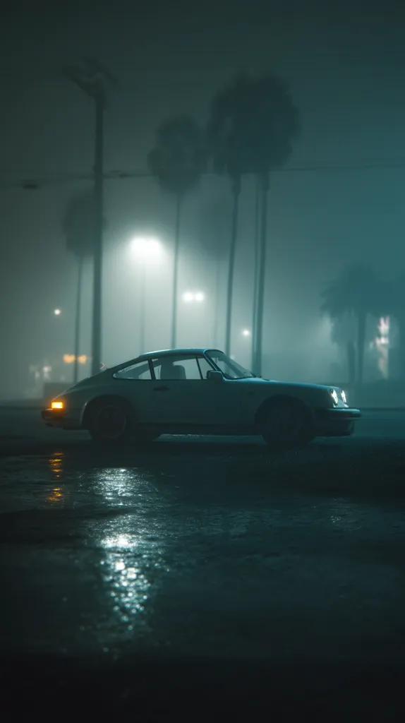 A classic Porsche 911 rests on a fog-shrouded street at night.  The car is light-colored, appearing almost white in the dim light. Streetlights cast a faint glow on the wet pavement, reflecting in the puddles.  Palm trees are silhouetted in the background, adding to the atmospheric, cinematic scene. The overall mood is mysterious and serene.