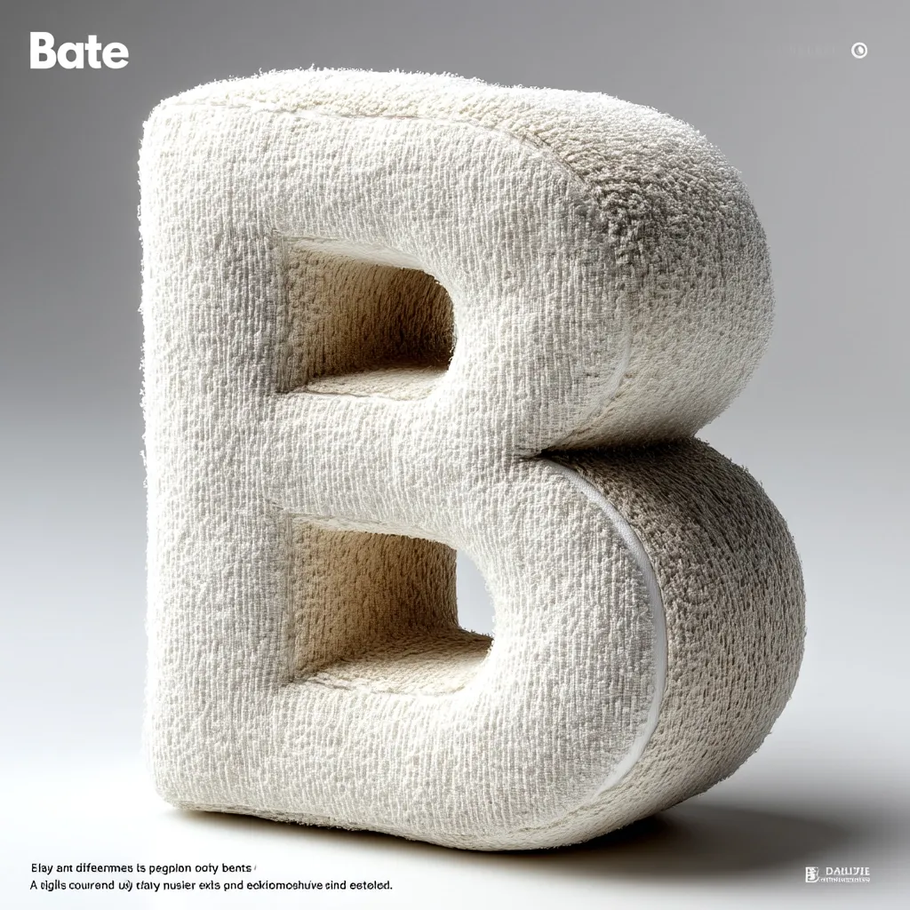 A three-dimensional, off-white, plush letter "B" is presented.  The letter is sculpted with recessed areas, giving it a unique textural quality. The fabric appears thick and soft, like a large, comfortable towel.  The overall style is modern and minimalist.  The word "Bate" is displayed above the letter.  Small text at the bottom is illegible.
