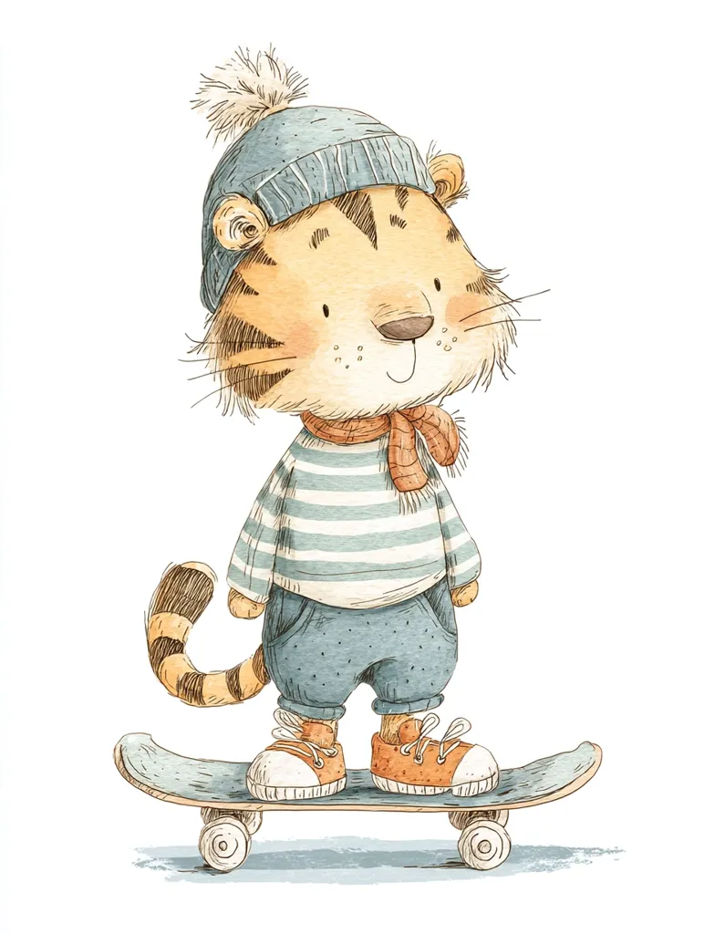 A cute cartoon tiger cub, wearing a blue knitted hat, striped sweater, and orange scarf, stands on a skateboard.  The tiger has a friendly expression and is depicted in a watercolor style. Its orange and black striped tail curls behind it. The skateboard is light blue, and the tiger wears orange and white sneakers.  The overall style is whimsical and charming.