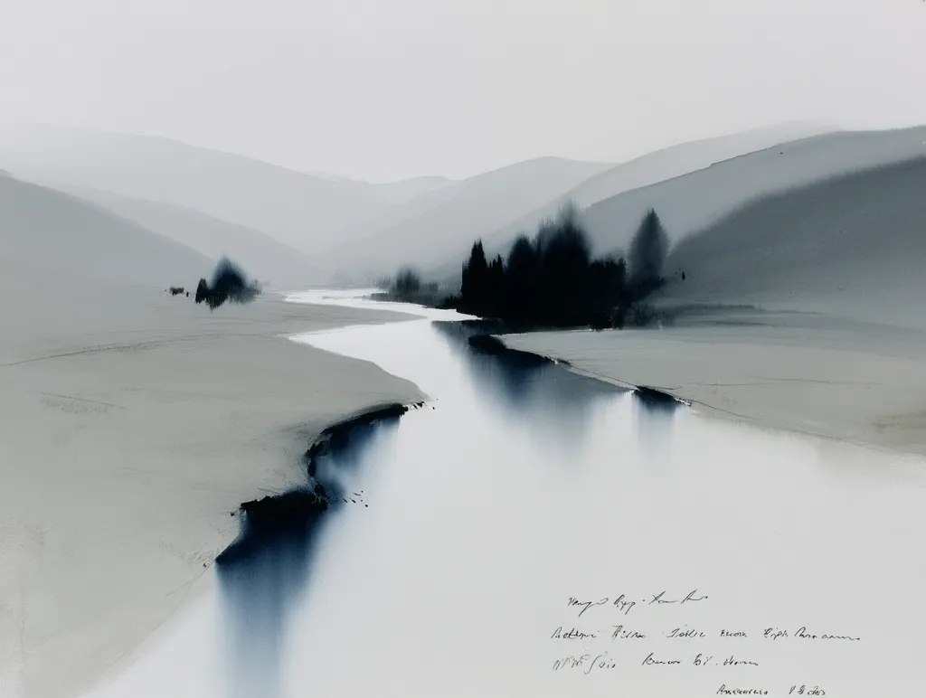 A serene watercolor landscape depicts a tranquil river meandering through a pale, misty valley.  Dark silhouettes of trees punctuate the mid-ground, while soft, muted greys and blues dominate the color palette. The minimalist style emphasizes the quiet beauty of the scene, creating a sense of calm and solitude.  A handwritten inscription is visible in the lower right corner.