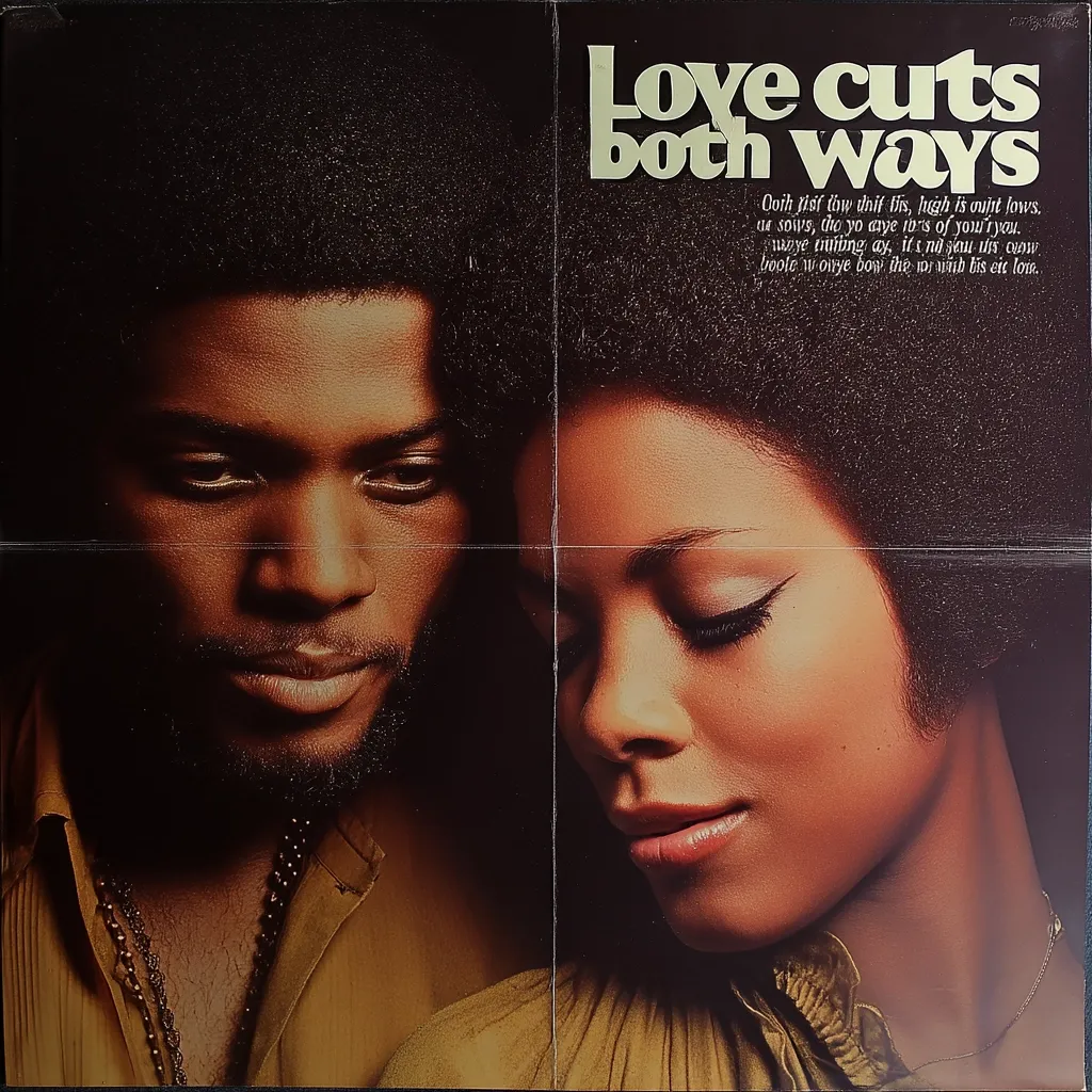 A poster for the film "Love Cuts Both Ways" features a close-up of a Black couple. The man and woman are affectionately close, their faces partially overlapping.  The title is prominently displayed in a stylized font. A short poem, seemingly related to the film's theme, is printed below the title. The overall aesthetic is evocative of 1970s romantic dramas. The color palette is warm, dominated by browns and golds.