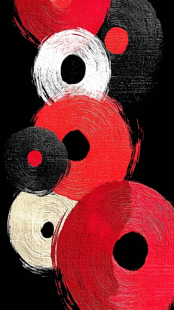 An abstract artwork featuring concentric circles in red, black, and white. The circles overlap and vary in size, creating a dynamic composition against a black background.  The style suggests a textured, brushstroke effect, giving the piece a sense of movement and energy.  The color palette is bold and striking, with the red circles dominating the visual field.