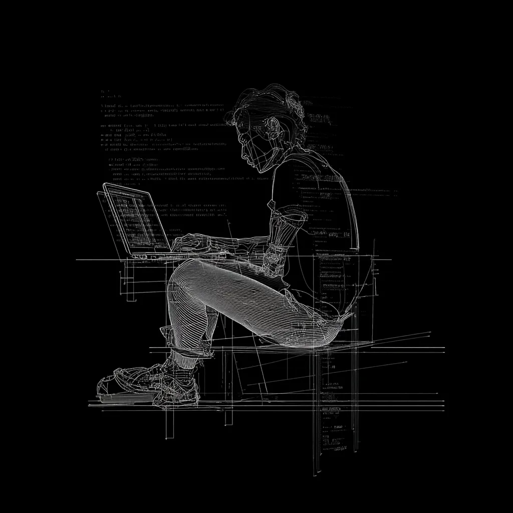 A stylized wireframe figure of a person sits at a desk, working on a laptop.  Lines of code and technical diagrams surround the figure, blending with the person's form. The image evokes a sense of digital creation and coding, suggesting a programmer or software developer immersed in their work.  The monochromatic palette emphasizes the technological aspect of the scene.