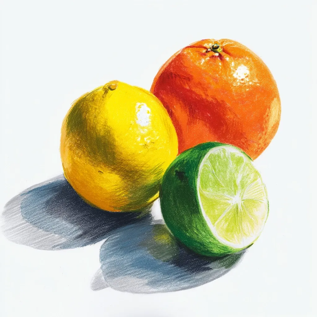 A vibrant still life showcases a lemon, orange, and lime.  The lemon, a sunny yellow, sits beside a bright orange, while a lime, sliced in half, rests against them.  The fruits cast distinct shadows on the white background, enhancing the three-dimensional quality of the colored pencil drawing. The contrast of colors and the realistic rendering highlight the textures and forms of the citrus fruits.