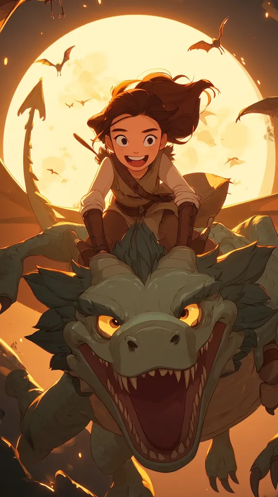 A joyful young girl with brown hair rides a vibrant green dragon against a backdrop of a large, orange moon.  Bats fly across the sky as the girl grins, confidently gripping the dragon's back. The scene is rendered in a stylized, animated style, full of warm tones and a sense of adventure.  The dragon's open mouth adds a playful yet slightly menacing touch to the overall cheerful mood.