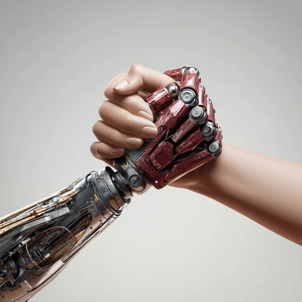 A human hand and a robotic hand clasp together in a firm handshake. The robotic hand is intricately detailed, showcasing metallic and reddish components, suggesting advanced technology. The contrast between the organic human hand and the mechanical robotic hand symbolizes the collaboration between humans and artificial intelligence, a powerful visual metaphor for technological advancement and human-machine partnership.