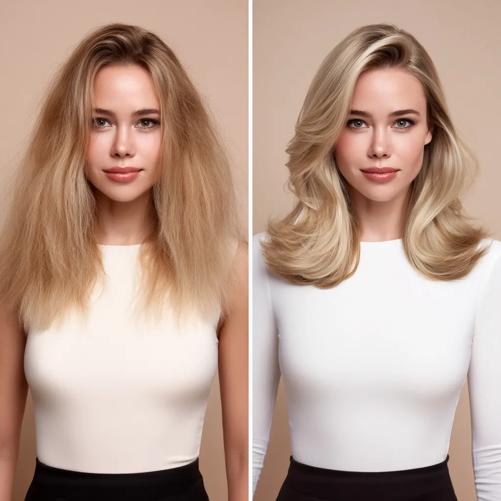 The before-and-after photos showcase a woman's hair transformation.  On the left, her blonde hair is frizzy and unstyled.  The right side displays her hair styled into sleek, voluminous waves, demonstrating a significant improvement in shine, smoothness, and overall appearance.  The change highlights the effectiveness of a hair styling product or treatment.
