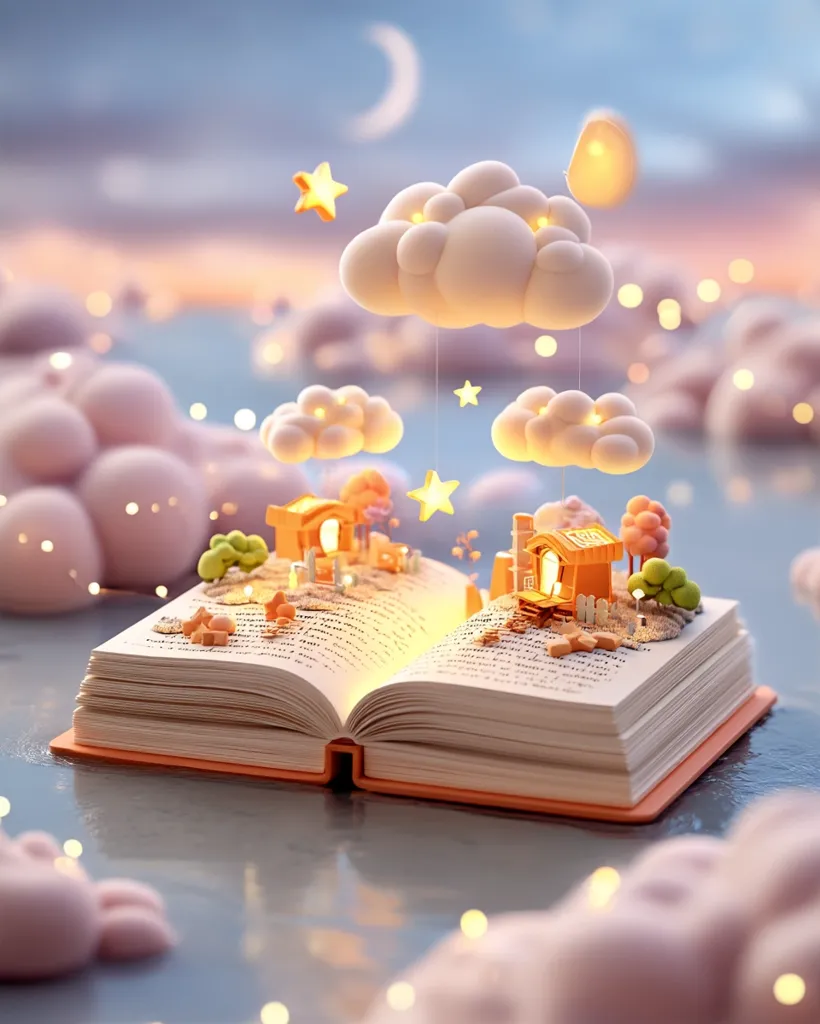 A whimsical 3D render depicts a fairytale scene emerging from an open book.  Glowing clouds, stars, and miniature houses adorn the pages, creating a magical nighttime landscape.  The soft lighting and pastel colors evoke a sense of wonder and tranquility, suggesting a dreamlike or storybook world.  The overall aesthetic is sweet and charming.