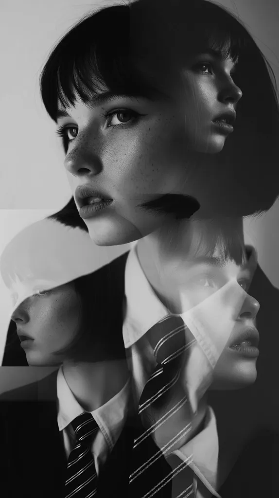 A captivating black and white image showcases a double exposure portrait of a young woman with short, dark hair and freckles.  Her face is layered, creating a ghostly, ethereal effect.  She's dressed in a collared shirt and tie, adding a touch of formal attire to the otherwise dreamlike atmosphere. The multiple exposures create an enigmatic and artistic presentation of identity and self.