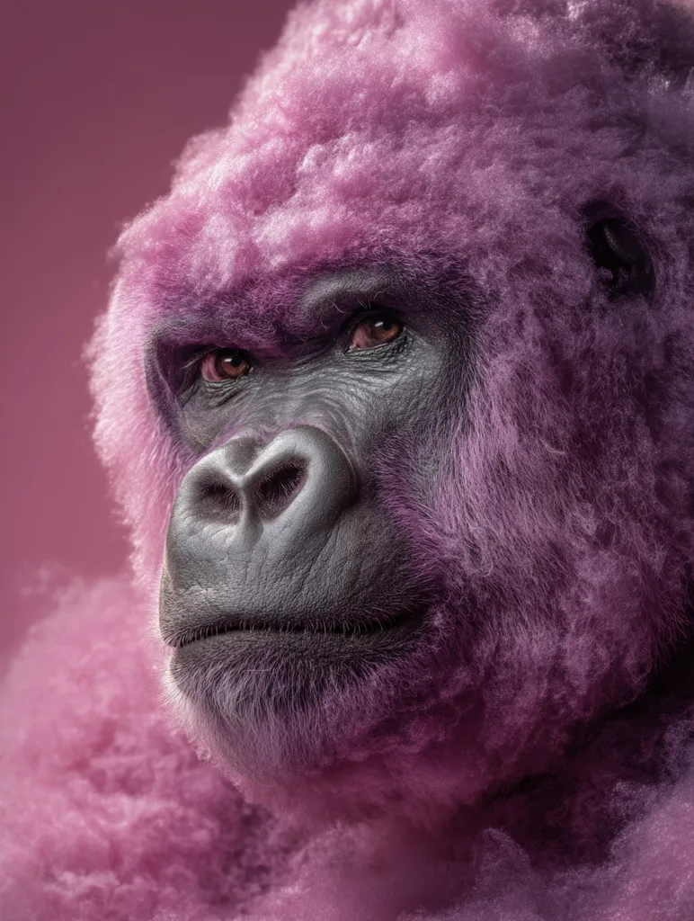 Close-up of a gorilla's face, its fur appearing a vibrant, unnatural pink.  The gorilla's expression is serene, its dark eyes contrasting with the bright, fluffy fur. The image is stylized, likely digitally altered to create the unusual pink coloration. The background is a blurred, matching pink hue.