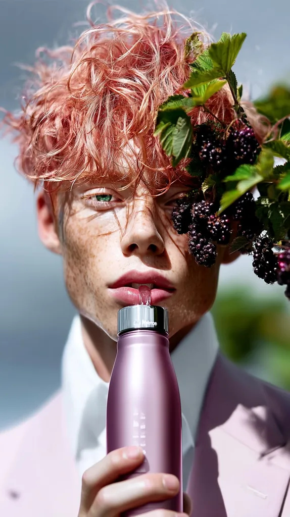 A young man with vibrant pink, curly hair drinks from a rose-gold water bottle.  Blackberries and their leaves partially obscure his face. He's wearing a light pink blazer, and the overall image is bright and stylish, suggesting a fashion or lifestyle advertisement.  His freckles are visible against his fair skin.