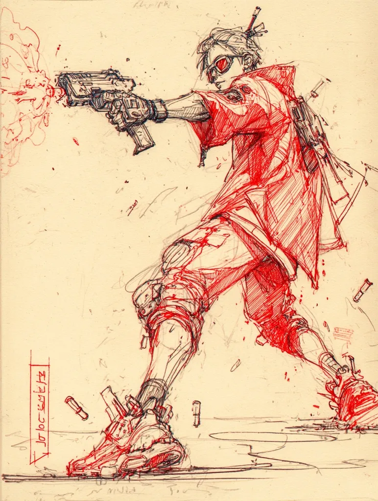 A dynamic red ink sketch depicts a stylized character, possibly a female, in action.  She wears futuristic clothing and protective gear, firing a handgun with intense focus.  Spent casings scatter around her as she adopts a low, combat-ready stance.  The style is energetic and expressive, emphasizing movement and a sense of urgency.  The background is lightly sketched, leaving the figure as the focal point.