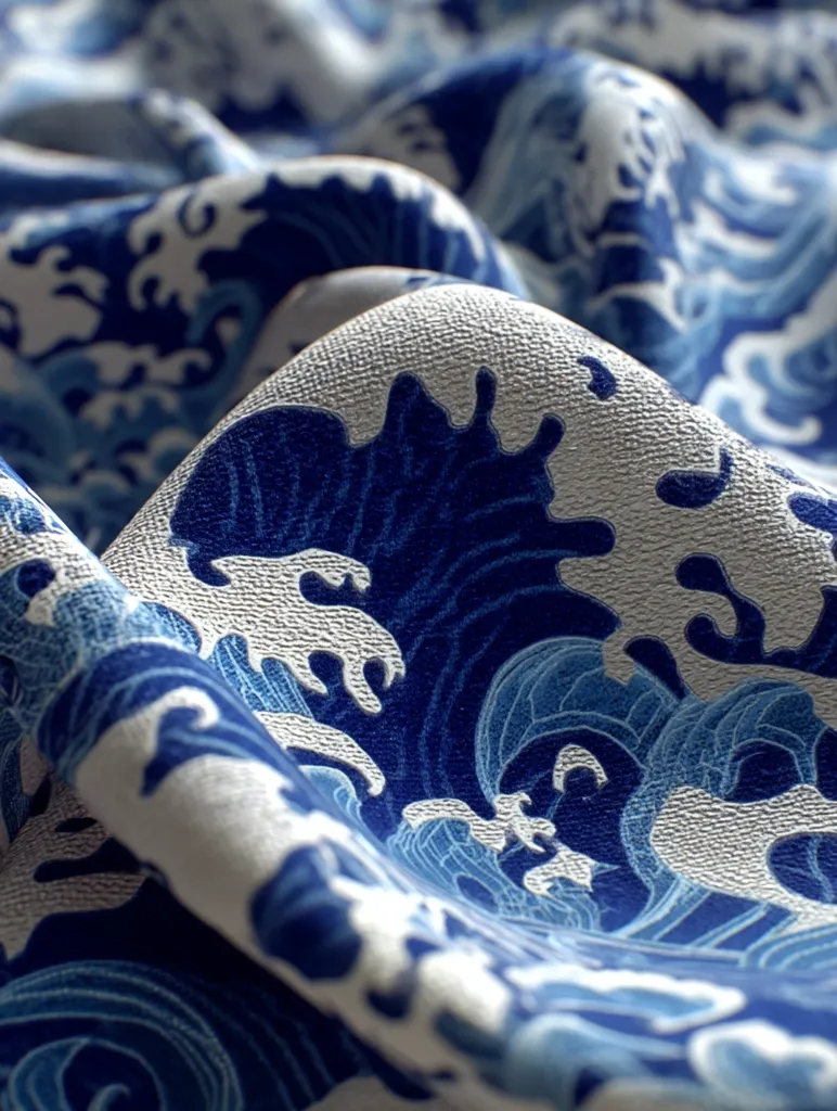 Close-up view of textured fabric featuring a stylized wave pattern in shades of blue and white. The fabric's surface has a subtle, raised texture, enhancing the depth of the design.  The waves are dynamic and flowing, reminiscent of traditional Japanese art. The image focuses on the fabric's folds and texture, showcasing its luxurious feel.