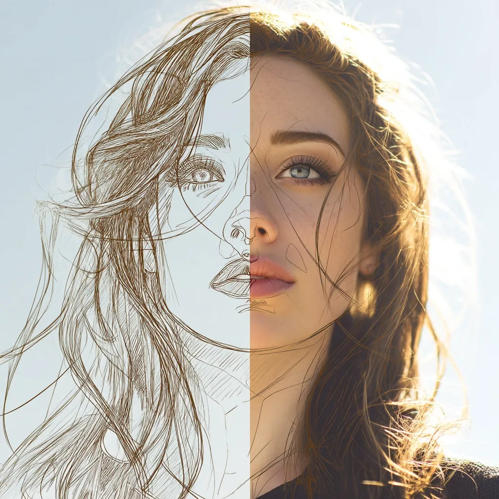 A captivating image showcasing a young woman's face, half rendered as a detailed line drawing and half as a realistic photograph.  Her long, windblown brown hair frames her face, adding to the ethereal quality. The contrast between the sketched and photographic halves creates a striking visual effect, highlighting the beauty of both artistic styles. The overall mood is serene and artistic.