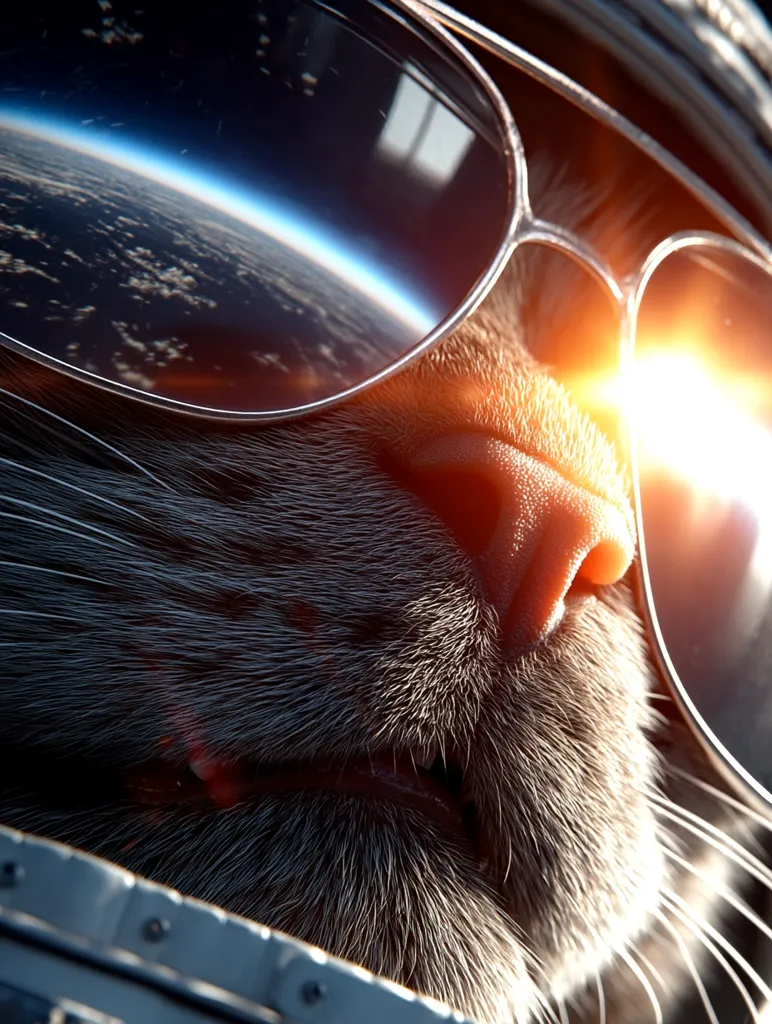 Close-up view of a cat's face, wearing aviator sunglasses. The reflection in the lenses shows a view of Earth from space, with a bright sun flare. The cat appears to be an astronaut, wearing a spacesuit, which is partially visible.  The image is highly detailed, showcasing the cat's fur and the realistic reflection in the glasses. The overall impression is one of adventurous coolness.