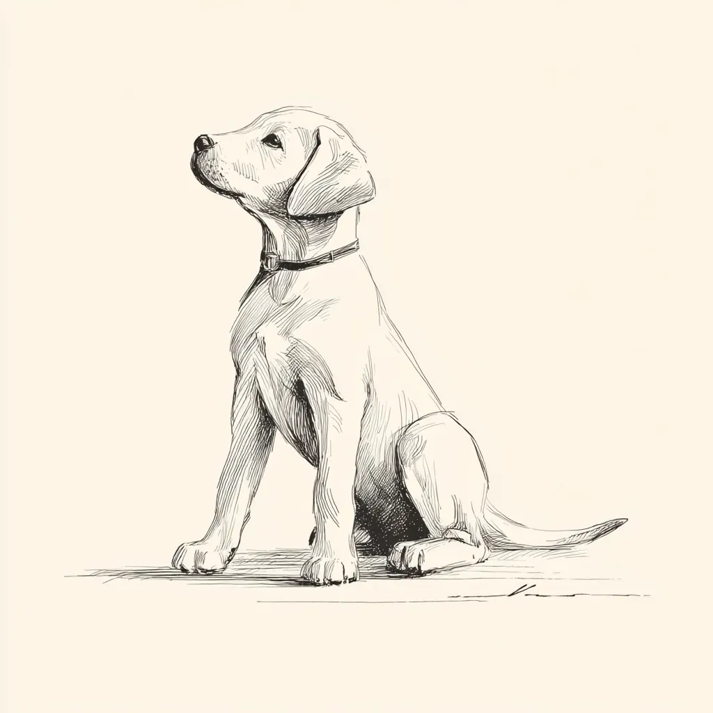 A detailed pen-and-ink sketch depicts a young Labrador Retriever seated in profile view, its head tilted upwards.  The dog is rendered with meticulous attention to detail, showcasing its fur texture and musculature.  It wears a simple collar, and its posture conveys a sense of alertness and attentiveness. The style is realistic, yet maintains a delicate and artistic quality.