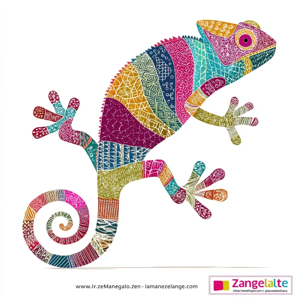 A vibrant, stylized chameleon is depicted against a white background. Its body is a patchwork of colorful geometric patterns and intricate linework in shades of red, pink, teal, orange, and gold.  The chameleon's tail curls into a spiral, echoing the detailed designs across its body.  The artwork is bold and eye-catching, showcasing a unique blend of folk art and nature.
