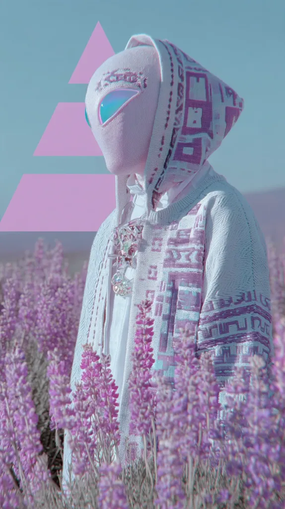 A figure wearing a pastel pink hooded sweater with geometric patterns stands amidst a field of purple lupines.  The hood obscures the face, revealing only large, iridescent, alien-like eyes. A pink triangle shape is superimposed in the background, adding to the surreal, dreamlike atmosphere of the image. The overall aesthetic is soft, whimsical, and slightly otherworldly.