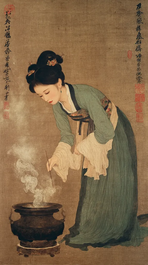A painting depicts a woman in traditional East Asian attire, elegantly dressed in a flowing teal robe. She is meticulously lighting incense in a dark bronze burner, the smoke curling upwards. Her posture is graceful, her gaze focused on the ritual. The background is a muted earth tone, enhancing the figure's prominence.  The painting's style suggests a blend of realism and traditional artistic techniques.  Calligraphy is visible on the right side of the painting.