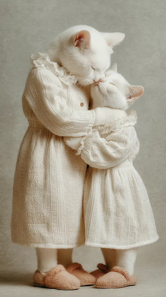 Two white cats, dressed in matching cream-colored knitted dresses and slippers, embrace tenderly.  The larger cat gently kisses the smaller one on the head.  The scene is soft and serene, set against a muted grey background, creating a heartwarming image of feline affection.  The texture of the clothing and the cats' soft fur are prominent.