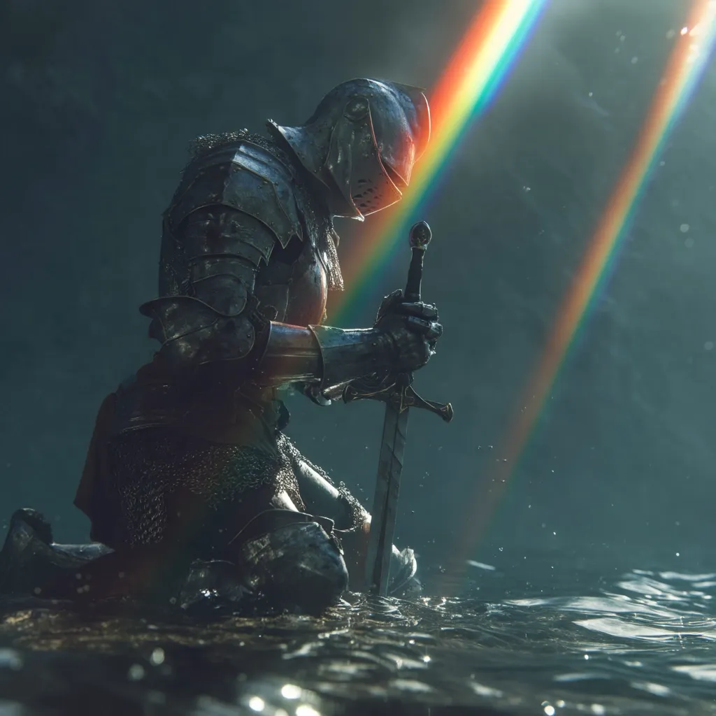 A knight in full armor kneels in shallow water, his sword planted in the ground before him.  He is bowed in prayer or contemplation, bathed in the ethereal light of a double rainbow. The scene is dark and moody, emphasizing the solemnity of the moment.  The knight's posture suggests weariness, surrender, or perhaps a profound spiritual experience.
