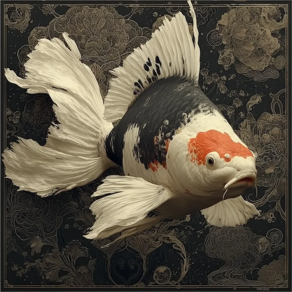 A striking image showcases a koi fish, its body a blend of black, white, and vibrant orange.  The fish's fins are dramatically flared, creating a sense of motion against a dark background adorned with an intricate, gold-toned floral pattern. The contrast between the fish's colors and the background's detail emphasizes the koi's elegance and beauty. The artwork suggests a fusion of realism and artistic interpretation.