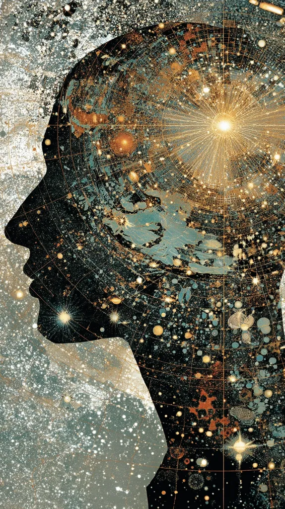 The image depicts a stylized silhouette of a person's head and shoulders, overlaid with a cosmic scene.  The interior of the head is filled with swirling nebulae, stars, and galaxies, suggesting the vastness of the universe within the mind. The overall effect is a blend of human form and celestial imagery, creating a mystical and contemplative mood.  The color palette is predominantly dark, with accents of gold and teal, adding to the image's ethereal quality.