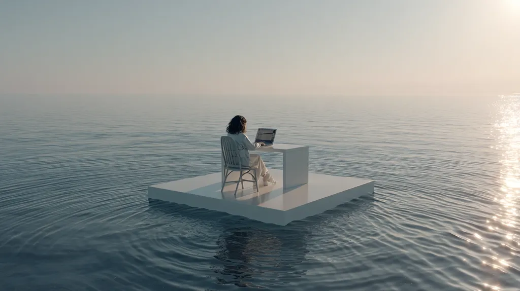 A woman sits at a minimalist white desk and chair afloat on a calm sea, working on a laptop.  The scene is serene and isolated, with a hazy horizon and soft sunlight reflecting on the water. The image evokes a sense of solitude and remote work, or perhaps a metaphor for feeling adrift. The overall aesthetic is clean and minimalistic.