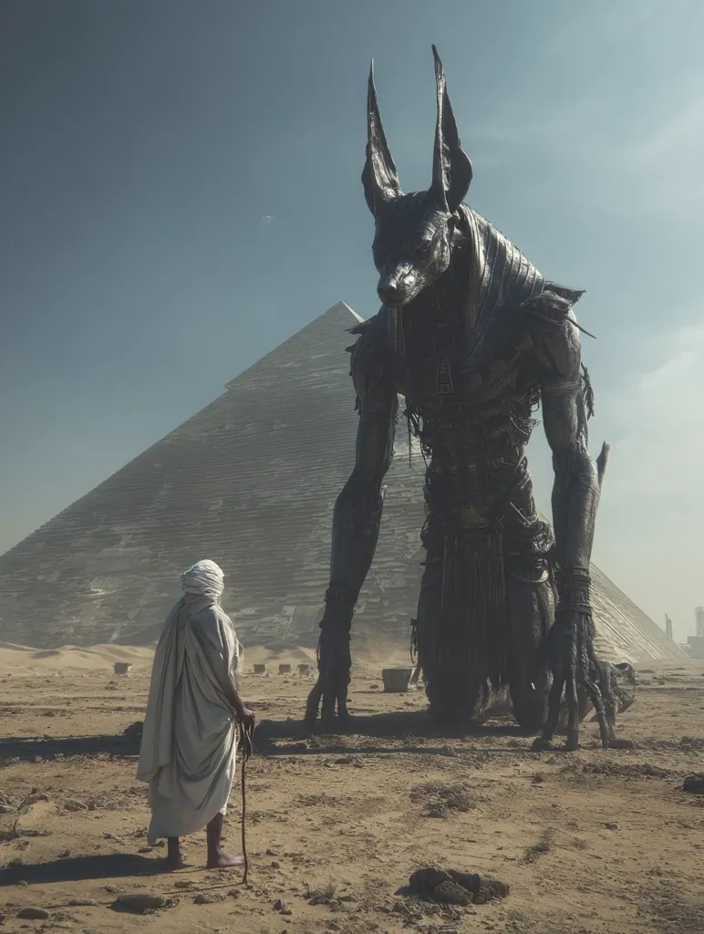A colossal, metallic Anubis statue kneels in a desert before a pyramid.  A lone, cloaked figure, holding a walking stick, stands observing the immense creature. The scene is desolate and evokes a sense of ancient mystery and awe, hinting at a powerful, possibly godlike presence.  The sky is clear and the sand stretches to the horizon.