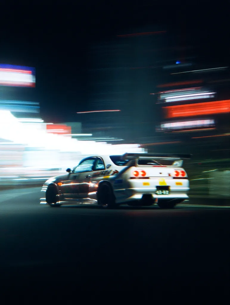 A white Nissan Skyline R32 drifts through a city at night.  The car is in motion, blurred by the long exposure shot, highlighting its speed.  Bright city lights streak across the background, creating a dynamic and energetic image reminiscent of a racing scene.  The car's details are partially visible, emphasizing its sporty design.