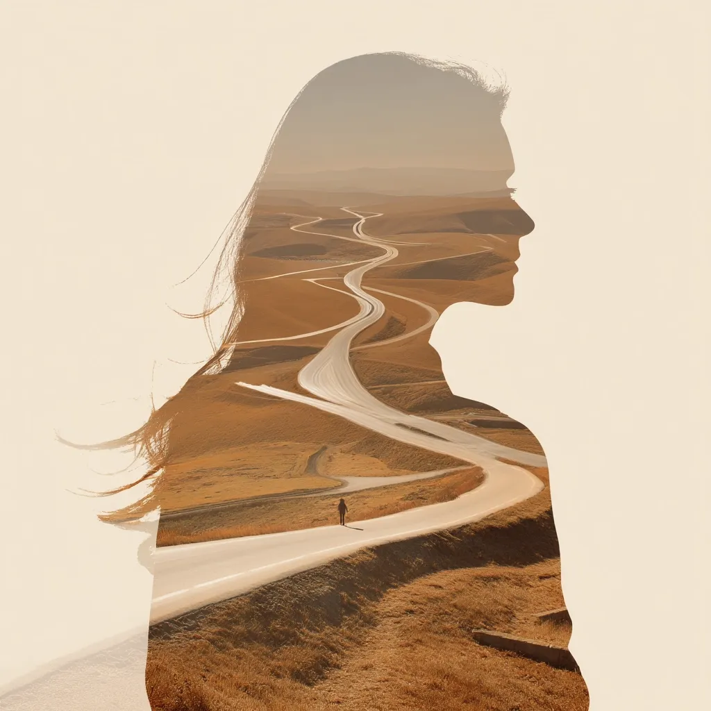 A double exposure image shows a woman's profile silhouette overlaid on a landscape photograph.  The landscape features a winding road traversing a dry, hilly terrain under a pale sky. A solitary figure is visible walking on the road in the distance. The image evokes themes of journey, contemplation, and the internal landscape of the mind. The overall palette is warm and muted.