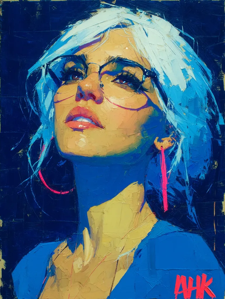 A vibrant, impasto portrait of a woman with short, white hair.  She wears glasses and large pink hoop earrings. The painting style is expressive, with bold brushstrokes and a striking color palette of blues, yellows, and pinks.  The woman's gaze is directed upward, conveying a sense of contemplation or hope. The artist's signature is visible in the lower right corner.