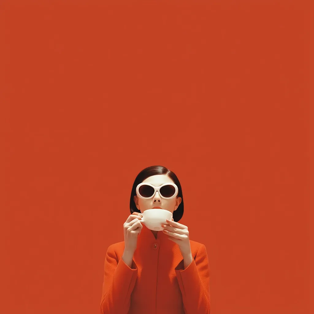 A stylish woman with short dark hair, wearing oversized white sunglasses and a vibrant orange coat, delicately holds a white teacup to her lips.  The backdrop is a solid, saturated orange, creating a bold and minimalist composition. The image evokes a sense of retro chic and understated elegance.