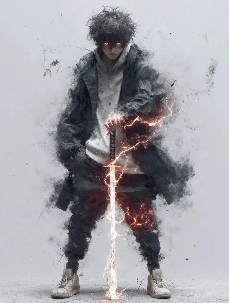 A stylized anime-like figure, possibly male, with dark hair and glowing red eyes, stands amidst a cloud of dark grey smoke or particles. He's dressed in dark, loose-fitting clothing and white sneakers, holding a katana emanating glowing orange and white energy. The overall aesthetic is dark, dramatic, and somewhat mystical.  The image suggests power and possibly supernatural abilities.