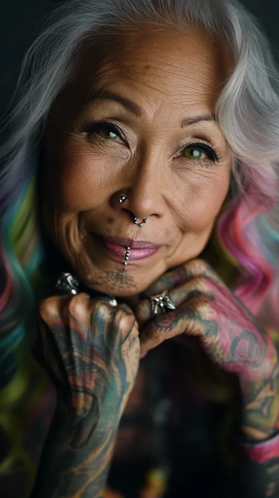 Close-up portrait of an older woman with vibrant pink, teal, and purple hair.  Her face shows age and character, complemented by numerous facial piercings and heavily tattooed arms.  She gazes directly at the camera, her expression a blend of serenity and defiance.  The image is sharply focused, highlighting the details of her tattoos and piercings against the contrasting backdrop.