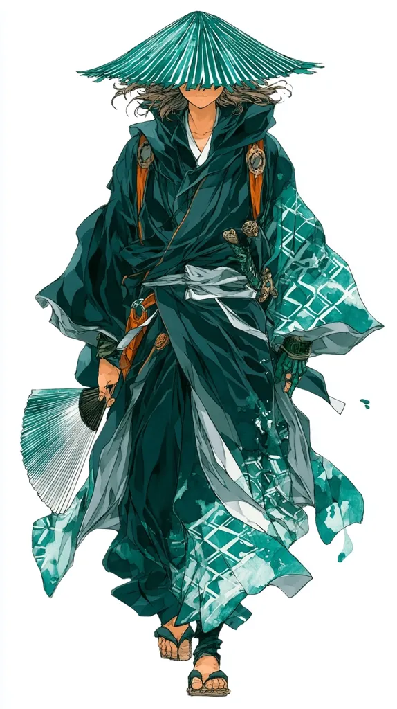 An illustration depicts a stylized figure, possibly a samurai, adorned in a flowing teal kimono and a wide-brimmed hat. The clothing features intricate patterns and subtle watercolors. The character holds a hand fan and a sword is visible at their waist.  Their expression is serene, and their posture suggests movement. The overall style is evocative of Japanese art and design.