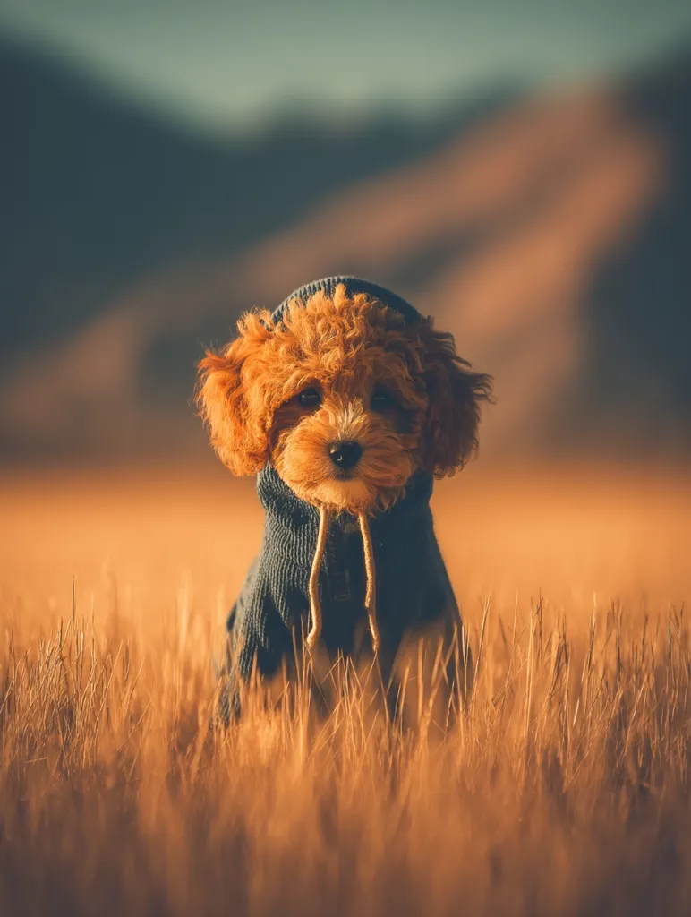 An adorable fluffy brown puppy, wearing a small blue hoodie, sits in a field of tall, golden grass. The sun casts a warm glow, creating a picturesque autumnal scene.  The background is softly blurred, focusing attention on the charming canine. The puppy's expression is calm and endearing.