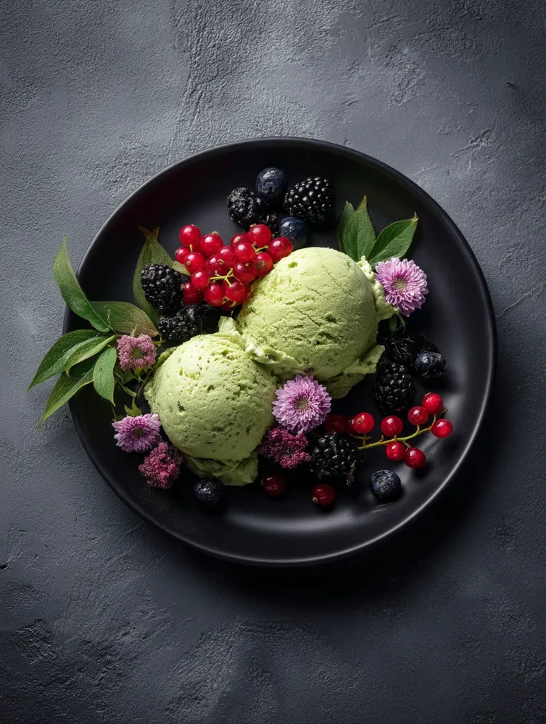 Two scoops of vibrant green ice cream are artfully arranged on a black plate.  Surrounding the ice cream is a colorful medley of fresh berries – blackberries, red currants, and blueberries – interspersed with delicate purple flowers and green leaves. The elegant presentation sits against a dark gray textured background.