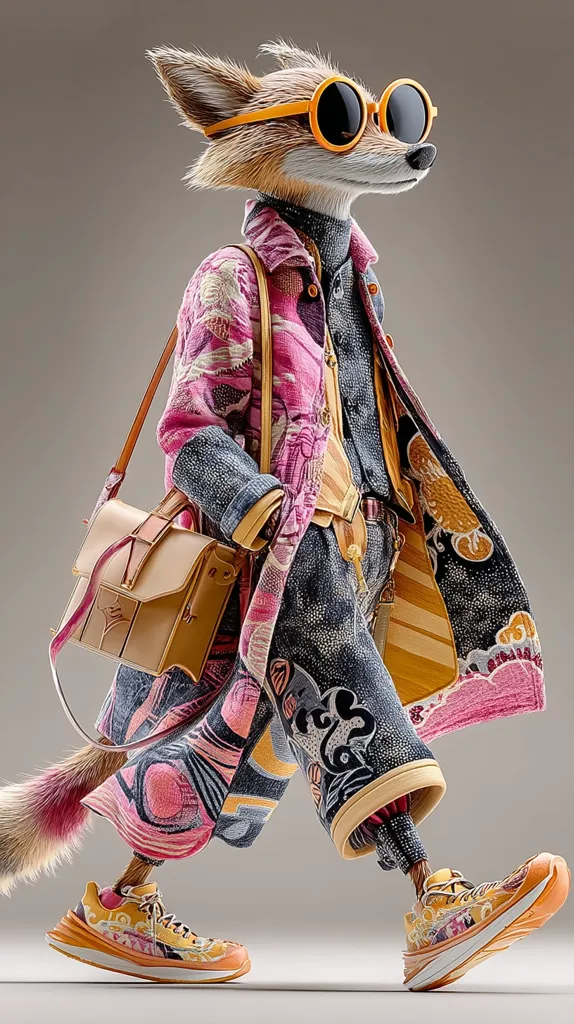 A stylish fox strolls, clad in a vibrant pink and patterned coat, denim trousers, and a beige satchel.  Orange-tinted sunglasses add a touch of cool.  The fox's outfit is a striking blend of textures and colors, complemented by its bushy tail and modern athletic shoes.  The image is a whimsical yet fashionable portrayal of an anthropomorphic animal.